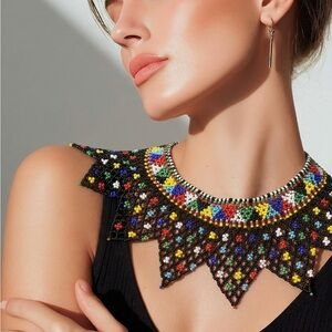 Vintage African Indian Apache American  Bead Collar Bib Choker Necklace Handmade